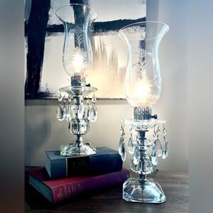 Vintage 1950's Crystal/Etched Glass Hollywood Regency Boudoir Lamps -Pair